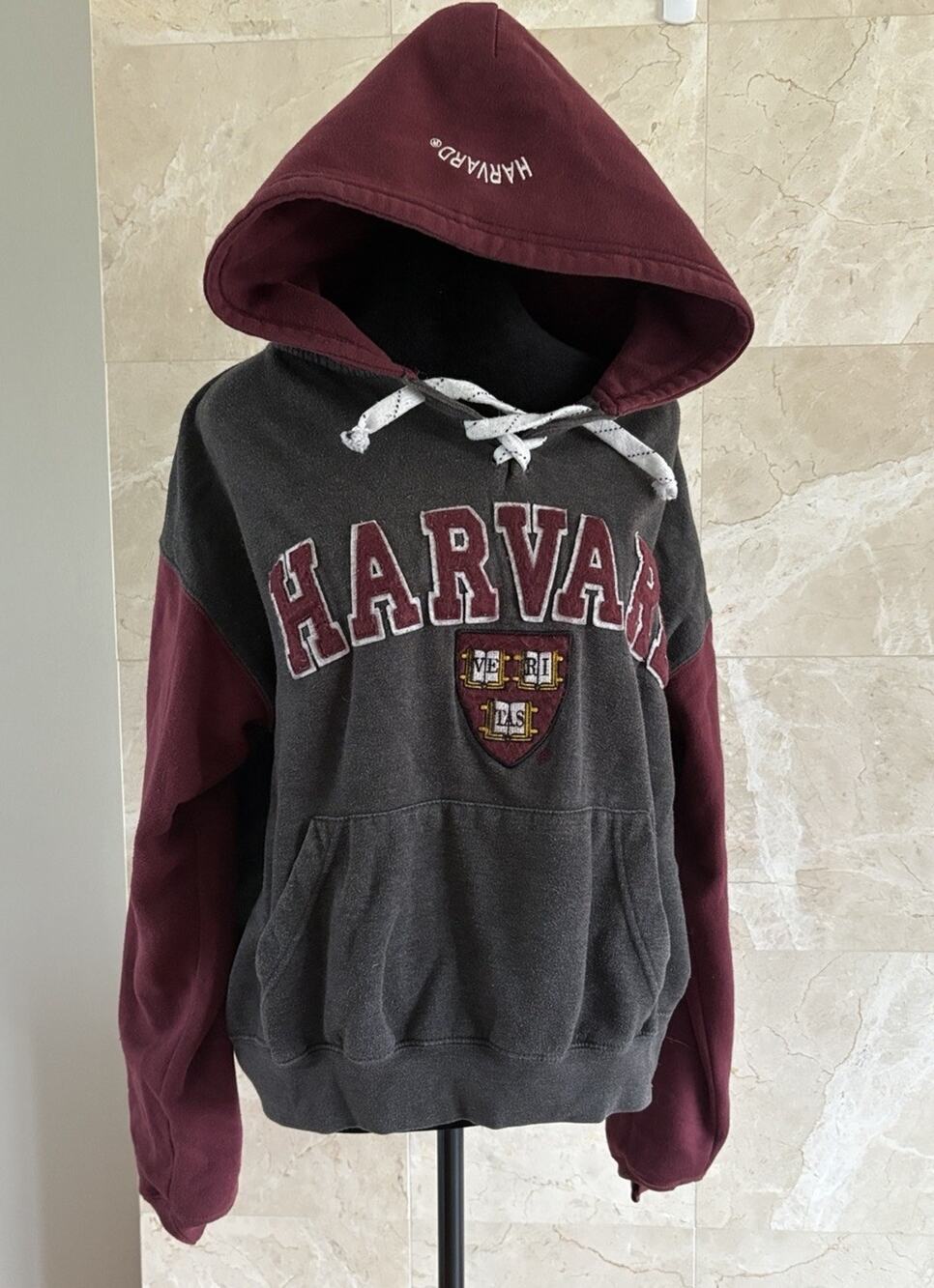 Harvard Y2K Lace‑Up Hoodie Medium Maroon & Grey, Varsity Letters & Crest Patch